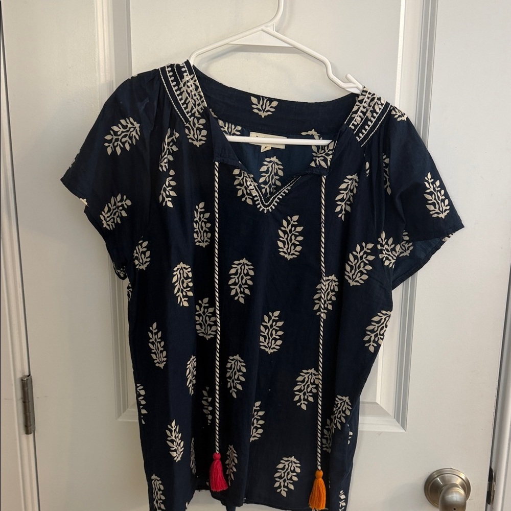 THML Navy Blue Floral Tassel-Trim Peasant Top
